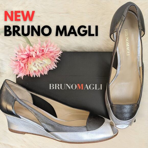 Bruno Magli Fiesse Wedge Heel Gray Color-Block Lambskin Leather Size 9.5 AA, NEW - Picture 1 of 10